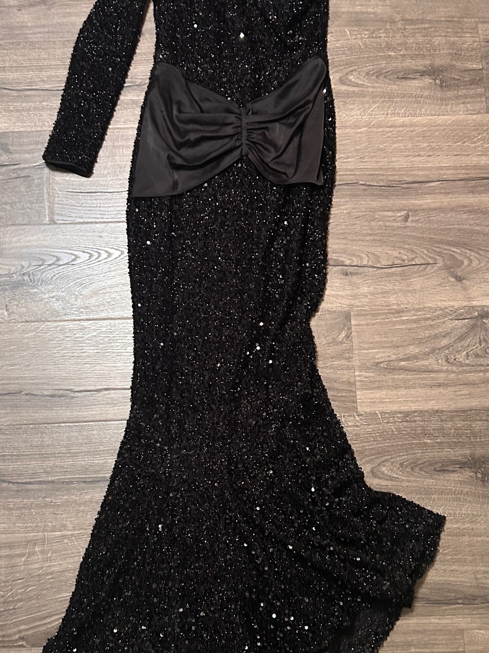 Fashion Nova Black One-Shoulder Sequin Dress with Statement Bow